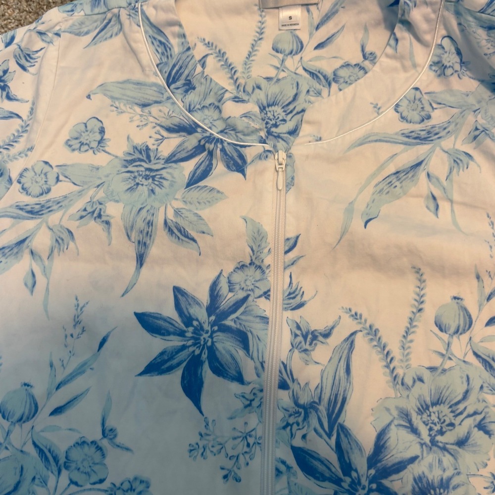 Miss Elaine Zip Front Robe Women Small Blue White Floral Cotton Blend Loungewear - Picture 5 of 6